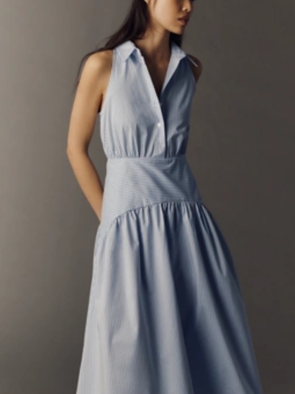 Anthropologie Tobie drop waist Pale Blue Striped Sleeveless Shirt Dress m nwt